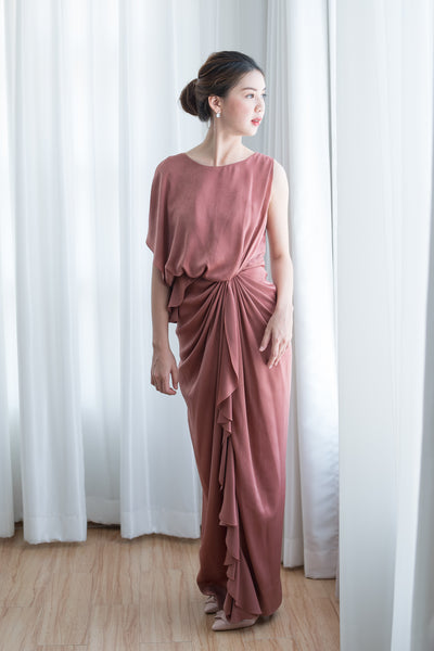 Chai Drape Dress in Warm Peach - The Formal Affair 